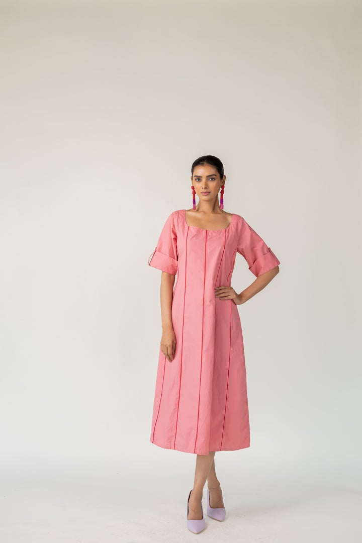 Blush Pink Poplin A-Line Midi Dress with Square Neck