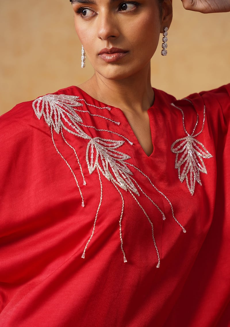 Red Satin Kaftan Midi Dress with Crystal Embroidery