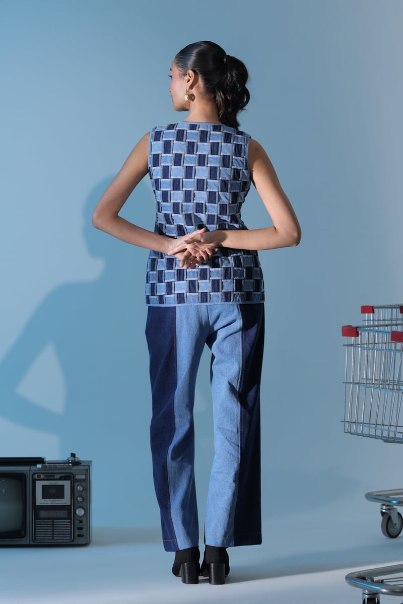 Blue Denim Basket-Weave Jacket and Wide-Leg Co-ord Set