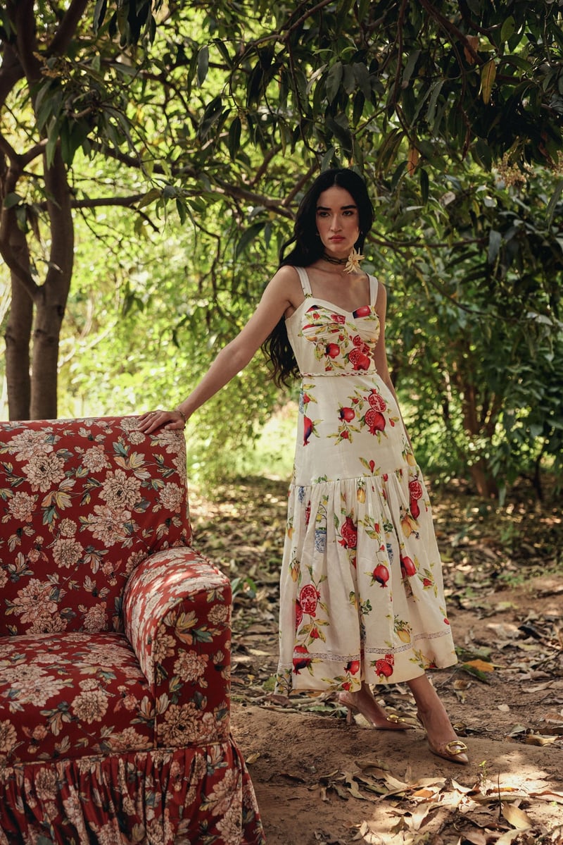 Off White Sweetheart Neck Fruit Print Maxi Dress