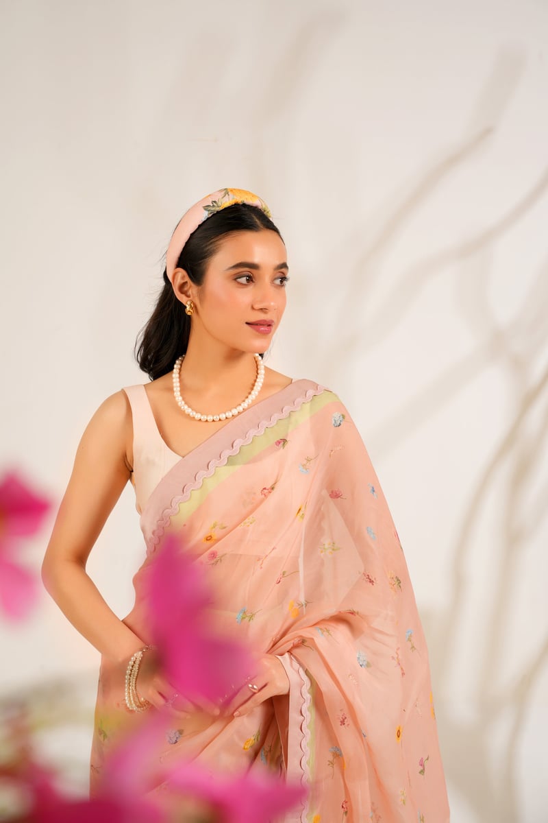 Blush Organza Floral Print Saree Set with Blouse Fabric