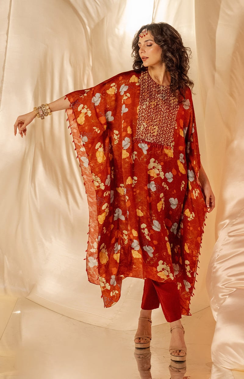 Maroon Floral Kaftan Kurta Set with Embroidered Yoke