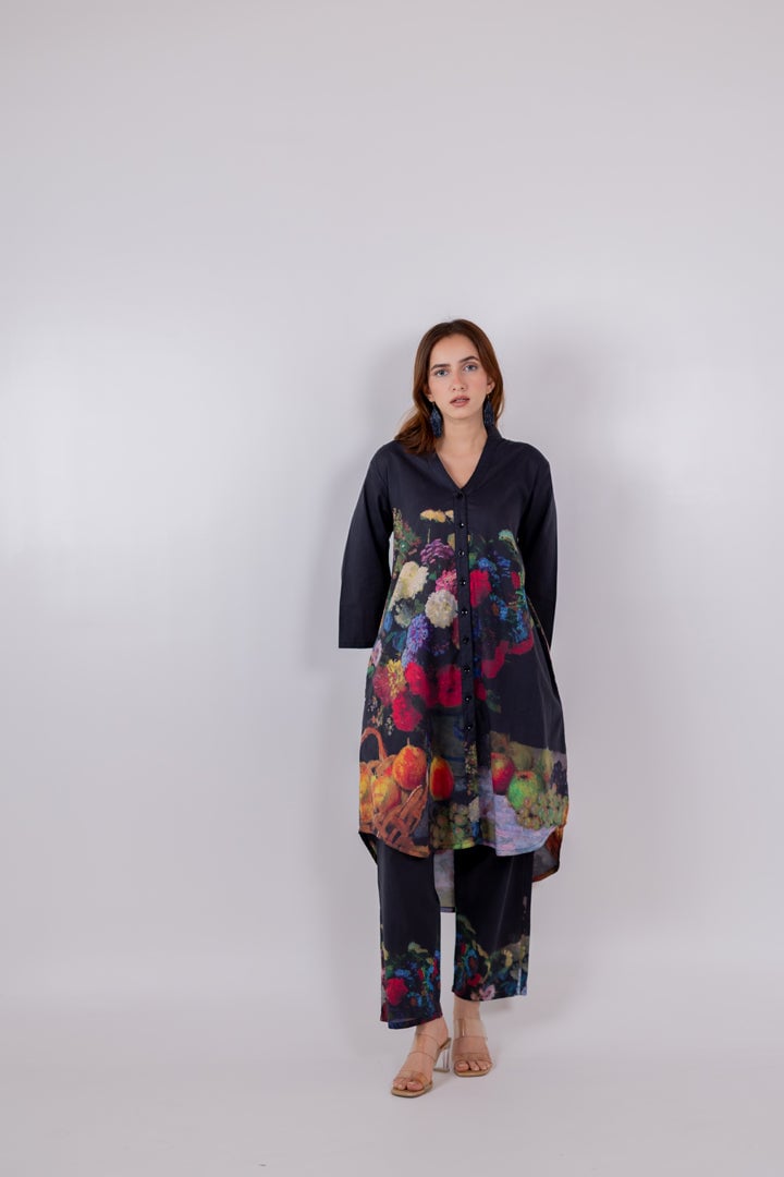 Black Printed Cambric Tunic and Pants Set