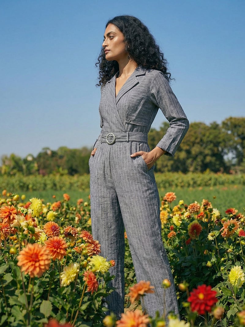 Cobalt Blue Pinstripe Belted Lapel Collar Jumpsuit