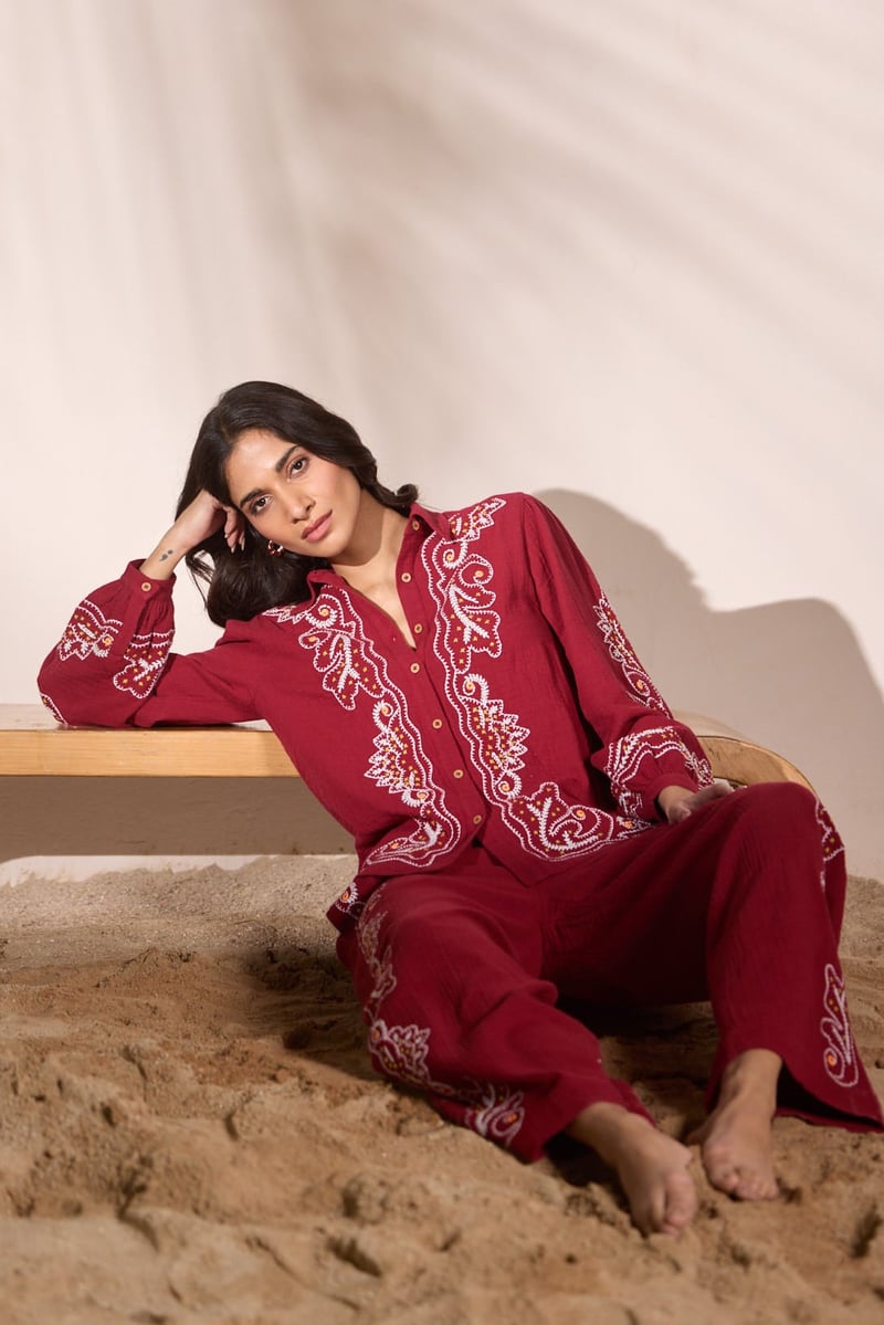 Maroon Embroidered Cotton Button-Down Shirt