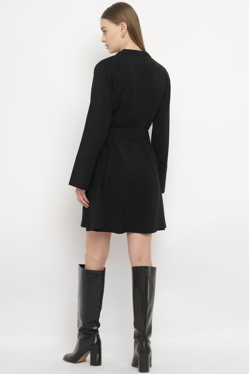 Black Belted Chemisier Mini Dress with Full Sleeves