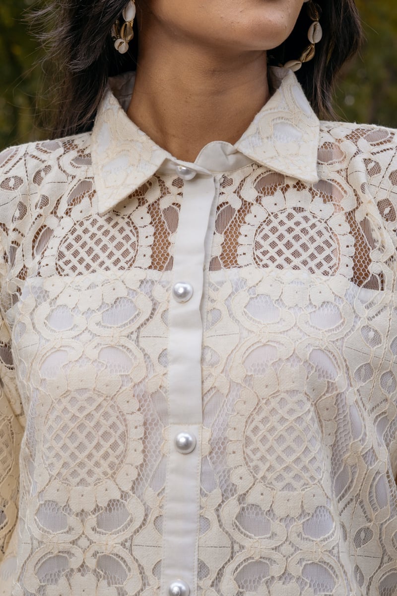 Off-White Cotton Lace Shirt and Pants Co-ord Set