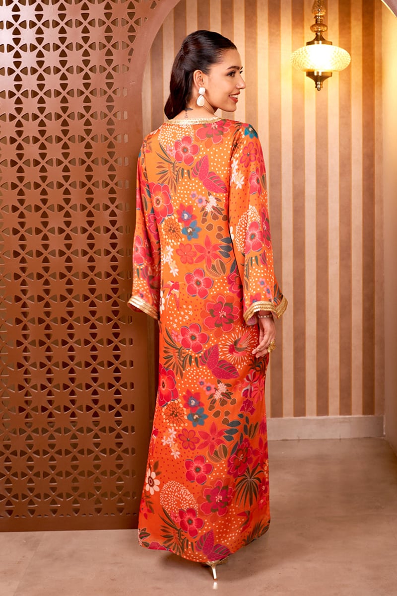 Orange Floral Printed Georgette Satin Long Kaftan