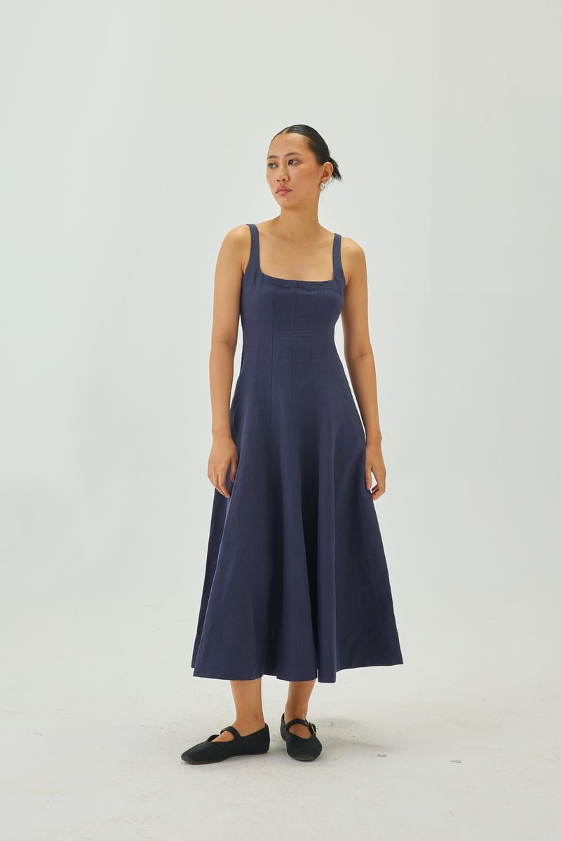 Indigo Linen Square-Neck Fit and Flare Midi Dress