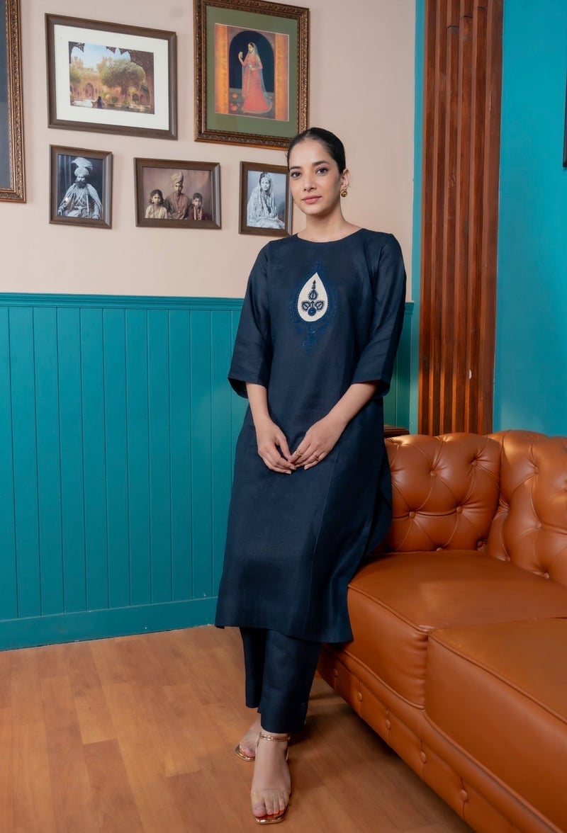 Dark Blue Linen Straight Kurta Set with Tonal Motif