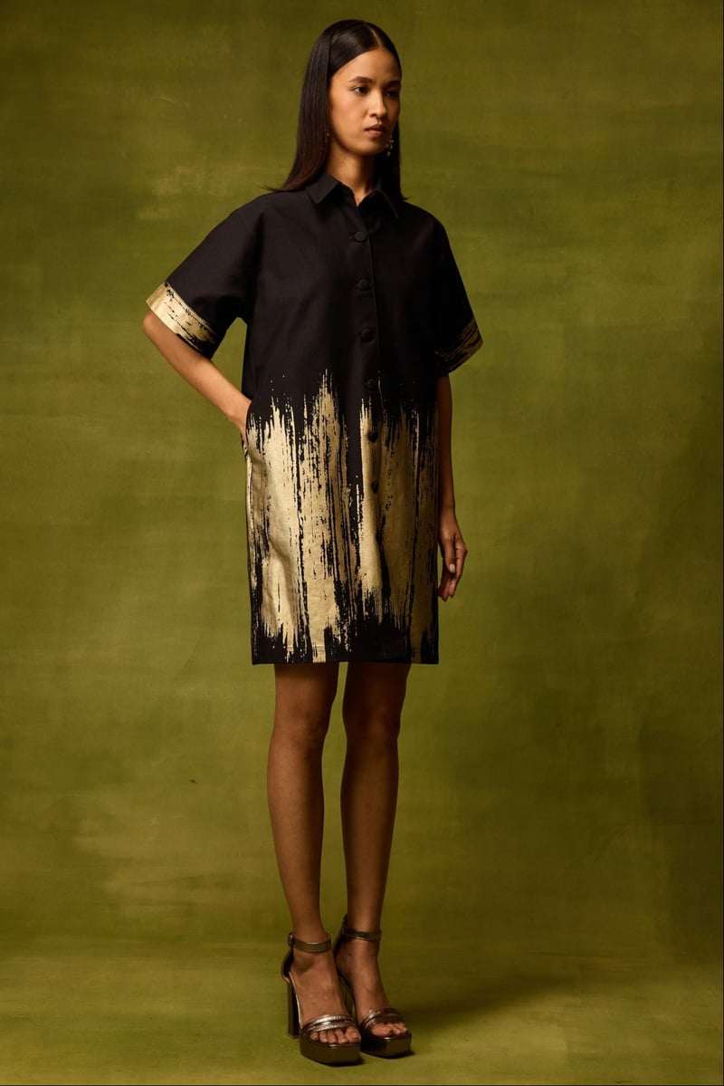 Black Denim Mini Shirt Dress with Gold Foil Detail