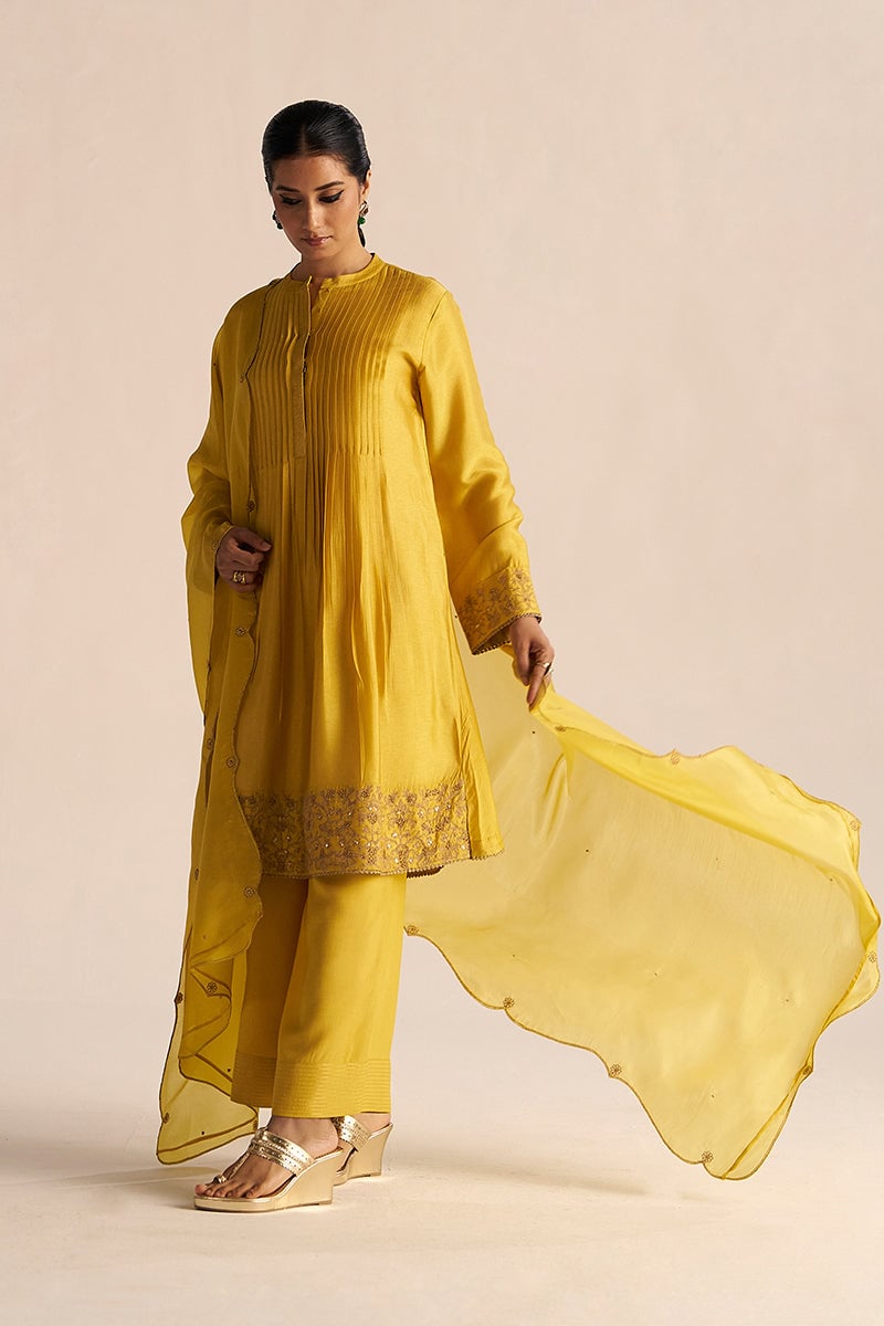 Bamboo Yellow A-Line Kurta Set with Zari Border
