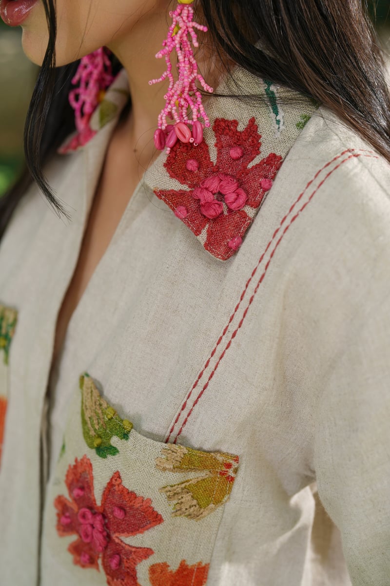 Natural Linen Cropped Shirt with French Knot Embroidery