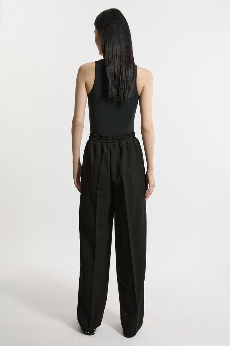 Black Twill Straight-Leg High-Waist Drawstring Trousers
