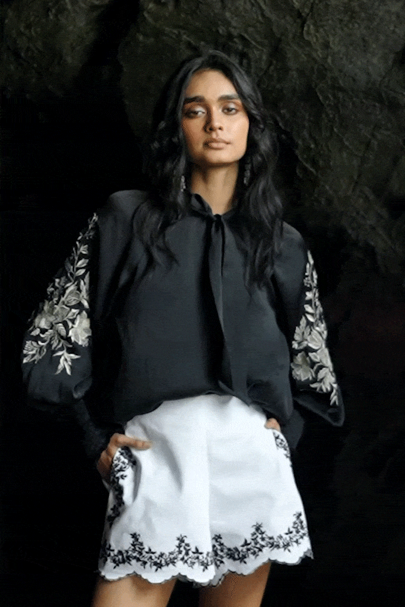 Black Tie-Neck Peasant Top with Embroidered Sleeves