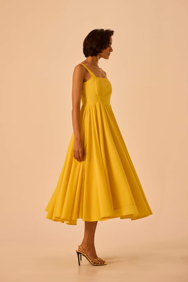 Yellow Fit and Flare Square Neck Midi Dress — The Summer House