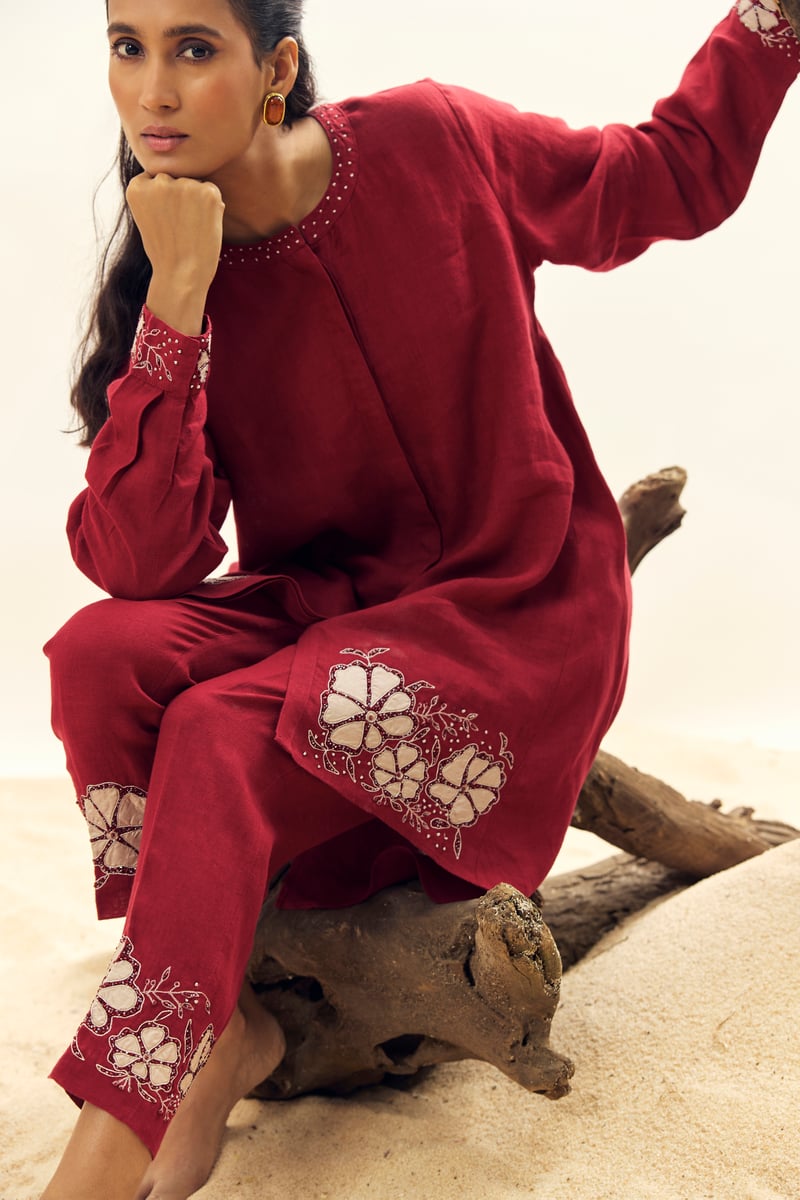 Crimson Linen Tunic and Tapered Pants Co-ord Set