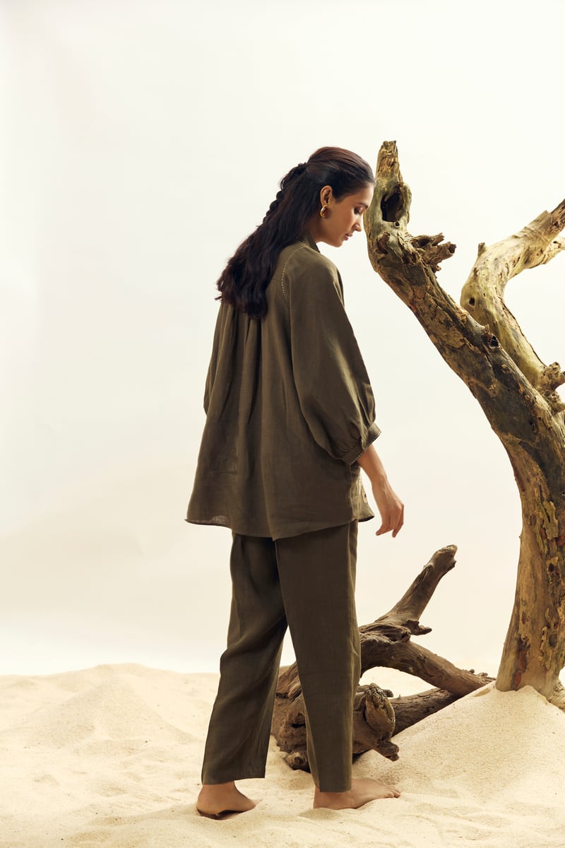 Olive Linen High-Rise Straight-Leg Trousers