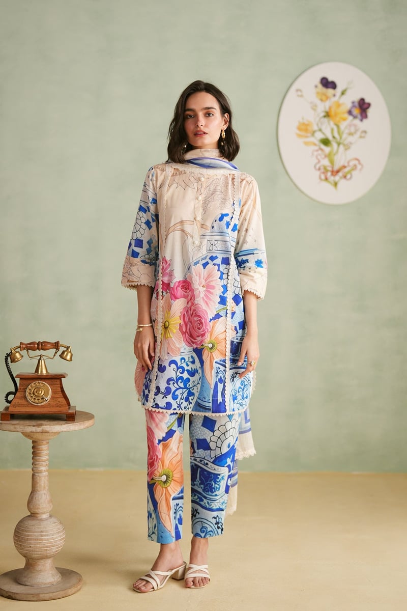 Beige/Blue Printed Cotton Lawn Suit Set