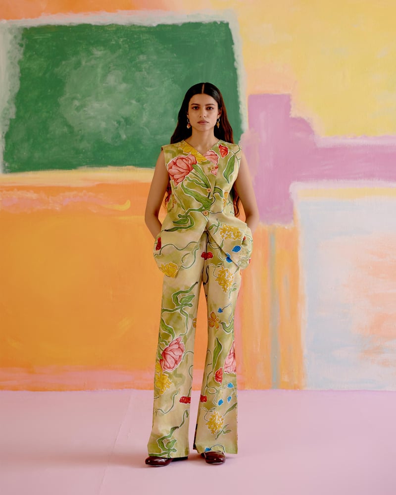 Green/Pink Floral Printed Cotton Poplin Co-ord Pants Set