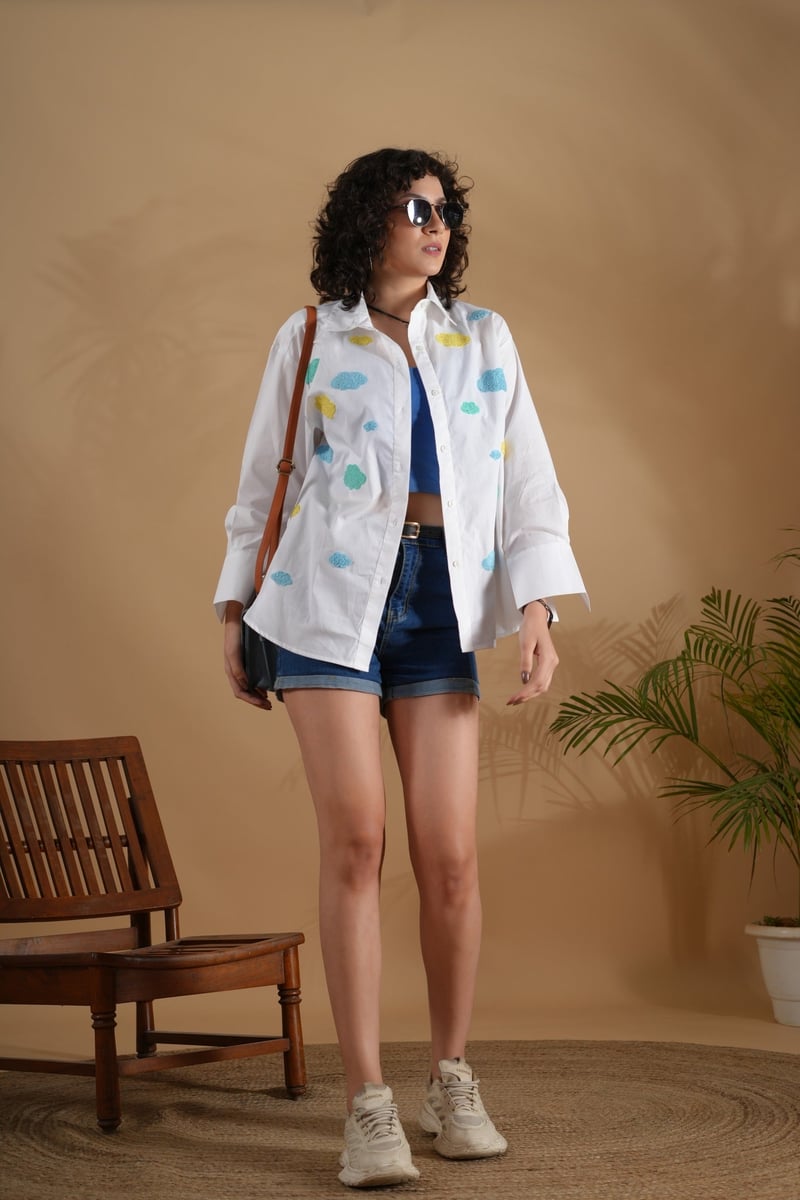 White Cotton Comfort-Fit Shirt with Cloud Embroidery