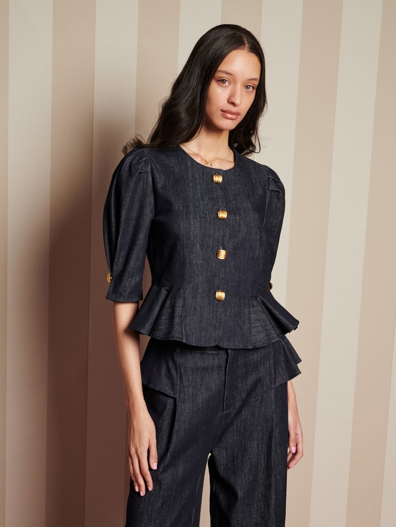 Dark Navy Denim Peplum Top with Gold Buttons