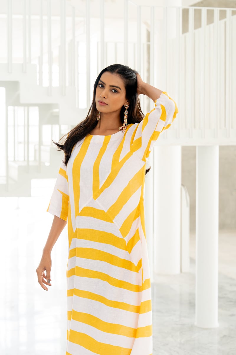 Yellow Striped Linen-Blend Midi Dress with Pockets