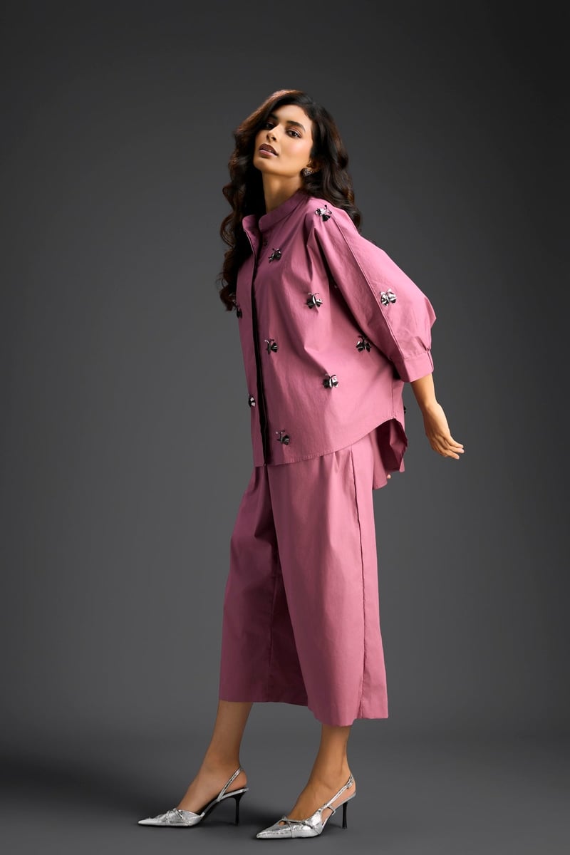 Pink Butterfly Embellished Pleated Shirt & Pants Set