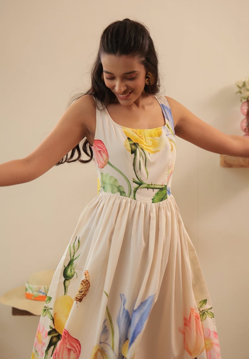 White Floral Square Neck Fit and Flare Midi Dress