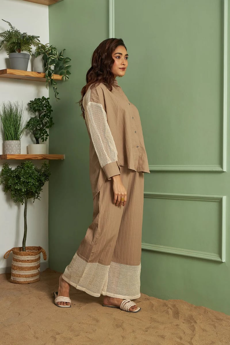 Beige Straight-Leg Trousers with Crochet Mesh Hem