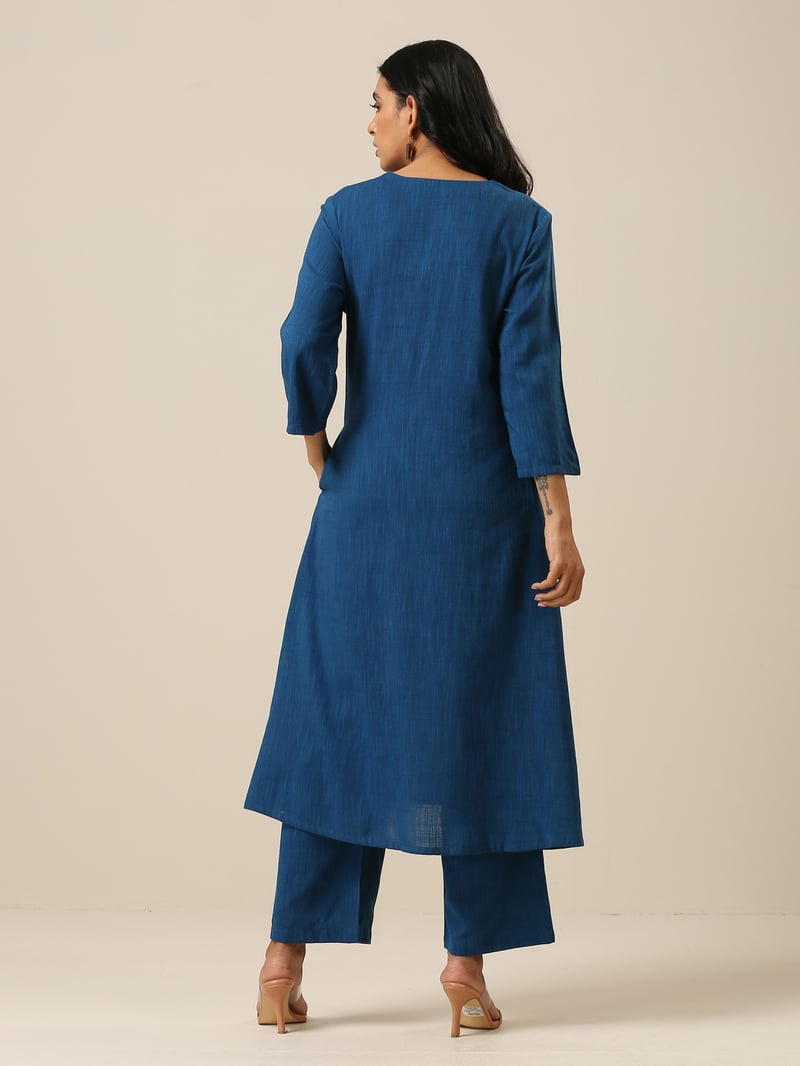 Classic Blue Slub Overlap Pleat Kurta Pant Set