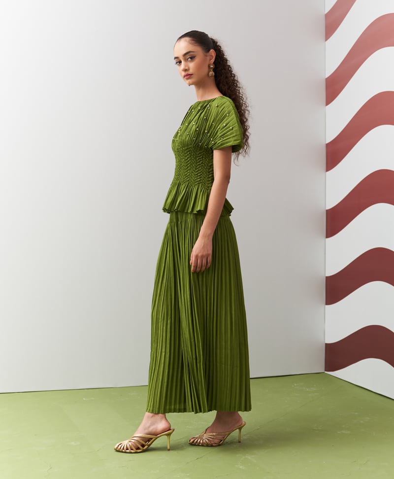 Green Boat Neck Smocked Top and Pleated Culotte Co-ord Set