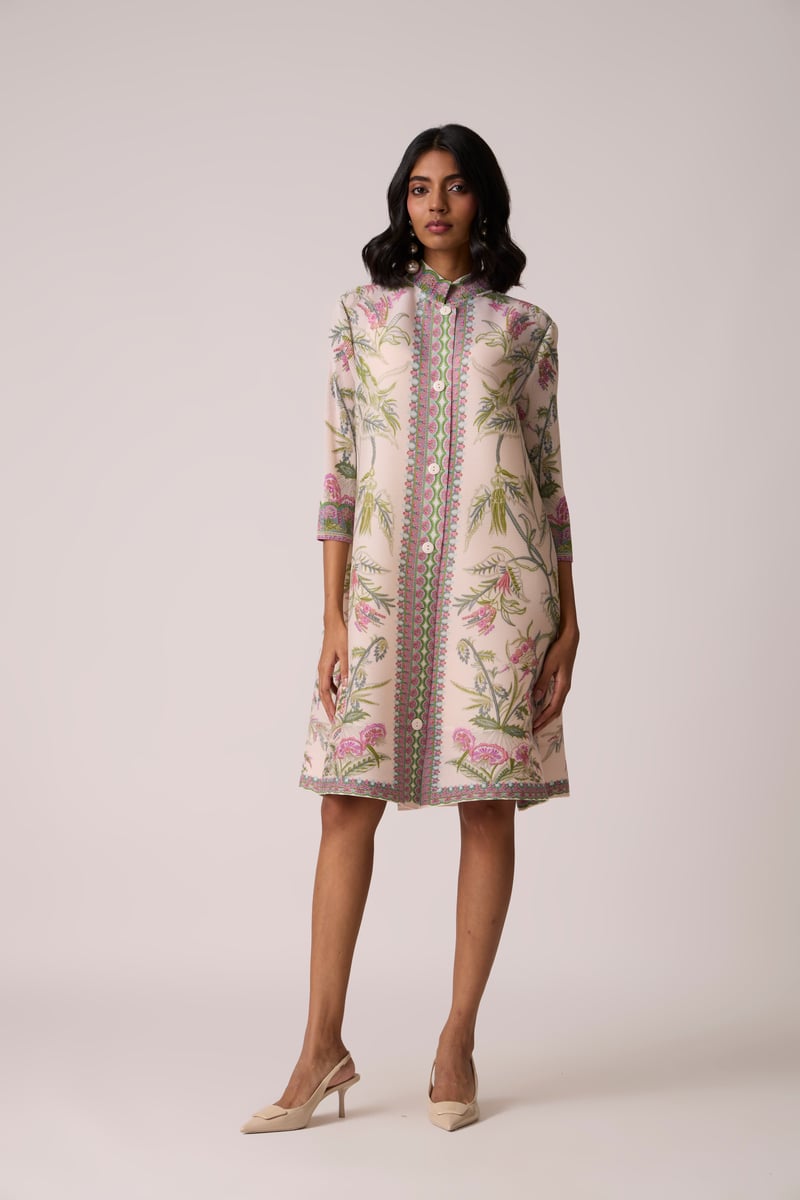 Blush Pink Floral Pleated Tunic Dress with Button Front