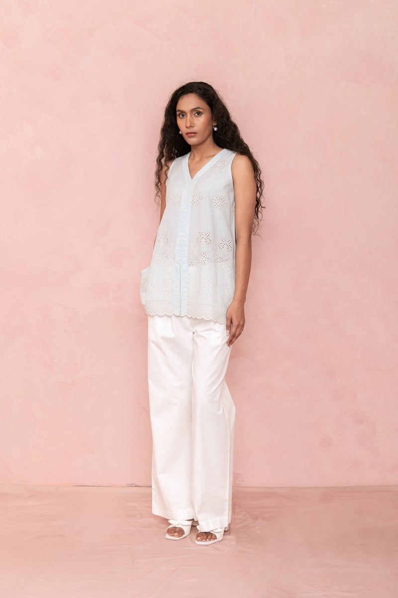 Blue Cotton Cambric Sleeveless V-Neck Embroidered Top
