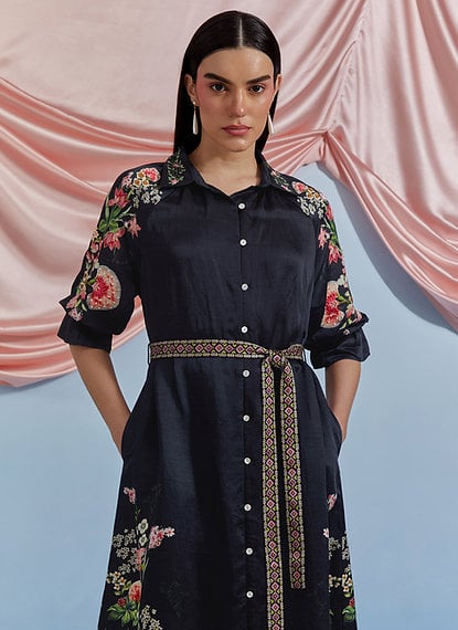 Black Linen Satin Midi Shirt Dress with Floral Embroidery