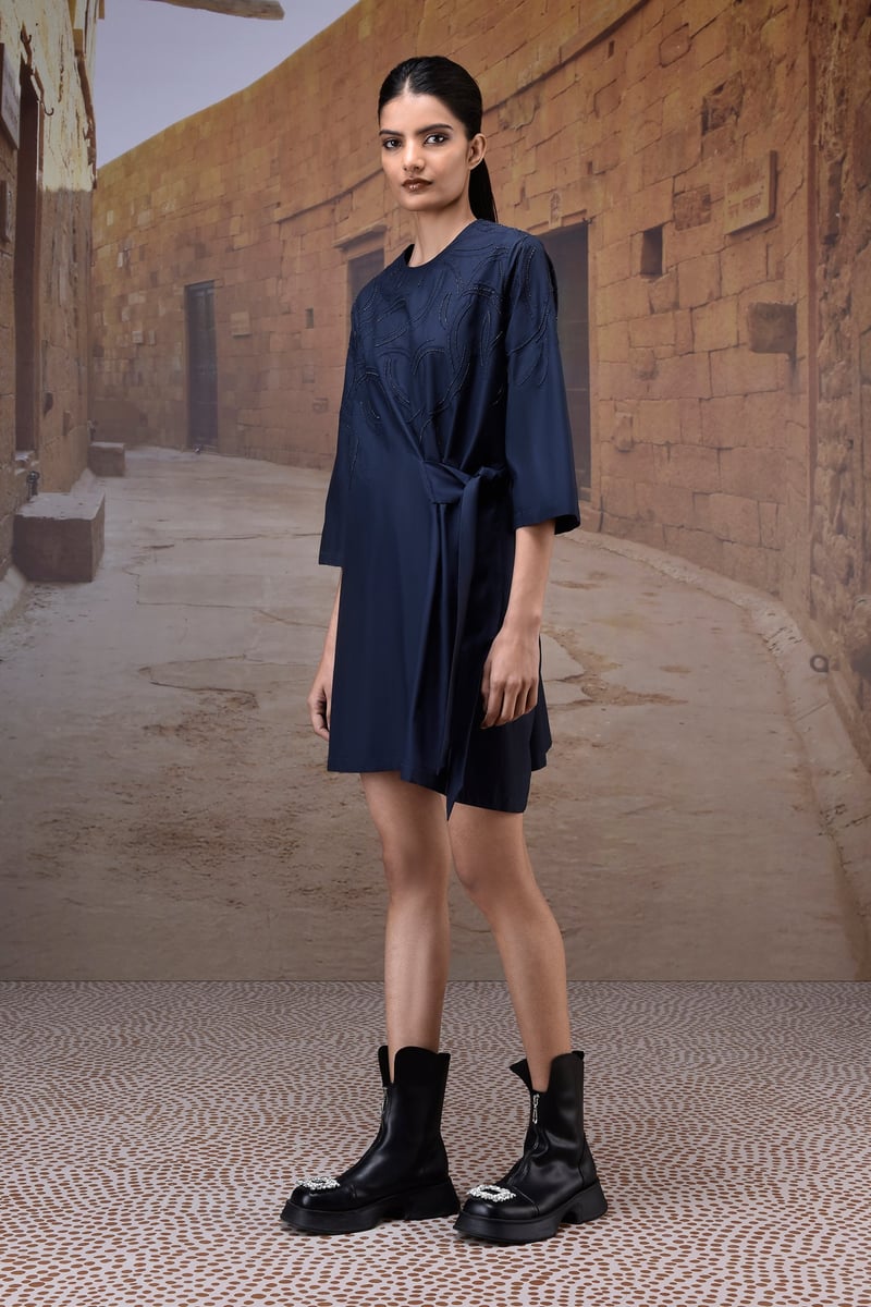 Navy Cotton Poplin Tie-Waist Straight Dress