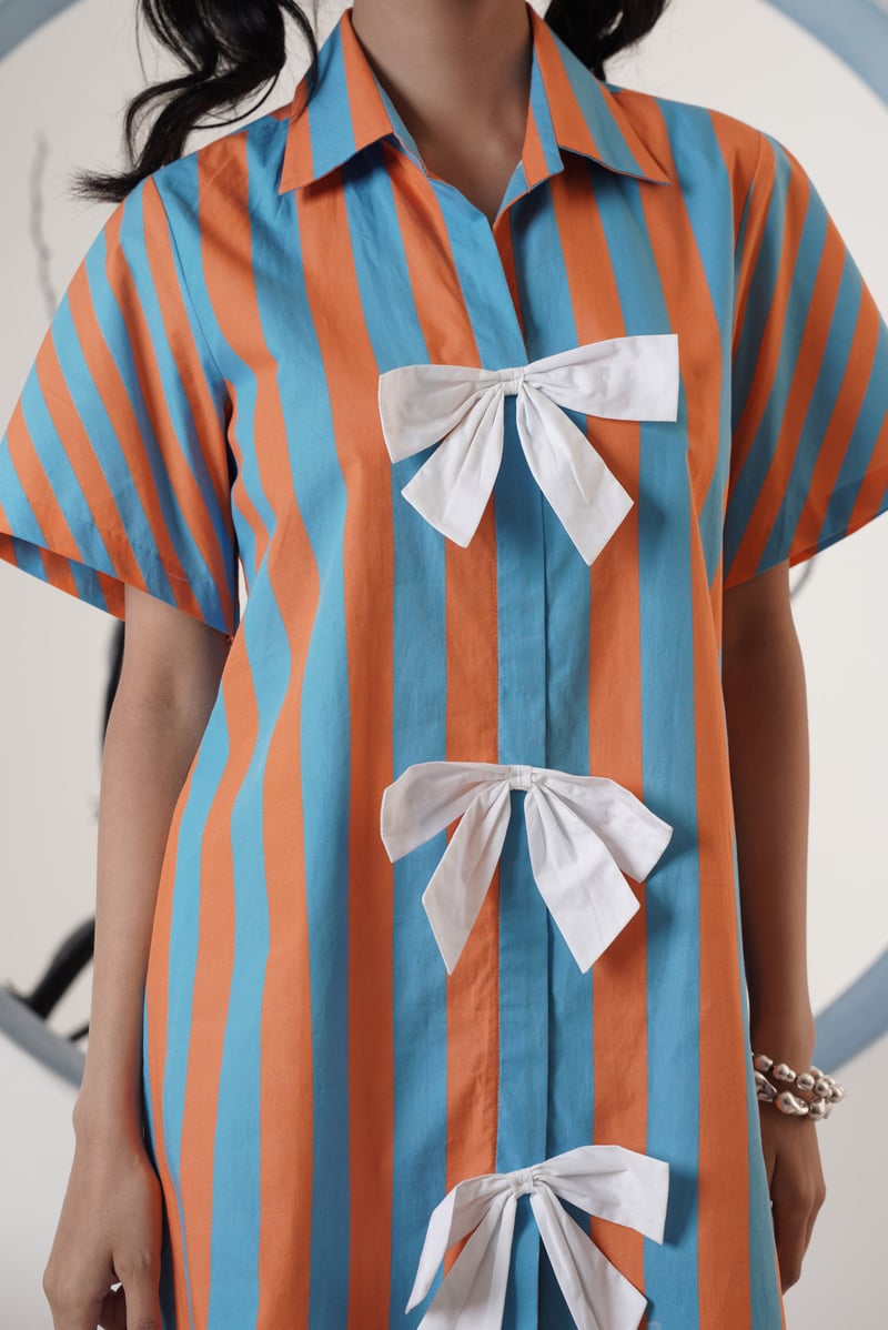 Blue and Orange Striped Mini Shirt Dress with Bow Detail