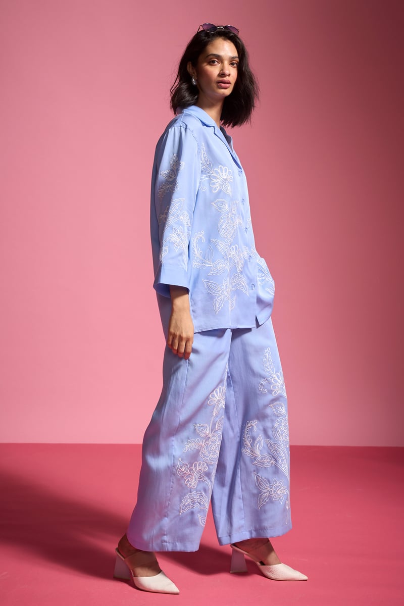 Pastel Blue Tencel Straight-Leg Embroidered Trousers