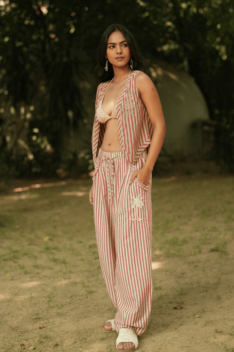 Red and Beige Striped Bubble Trousers with Drawstring
