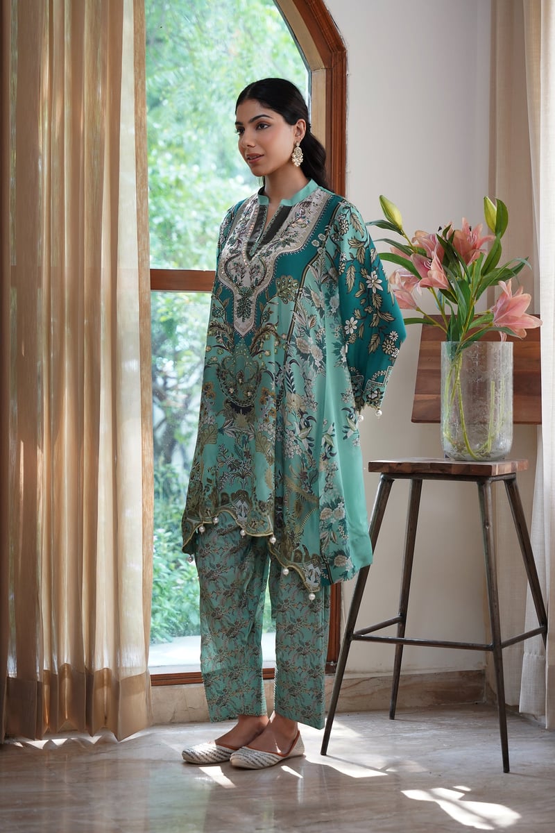 Green Printed Kurta Set with Hand-Embroidered Yoke