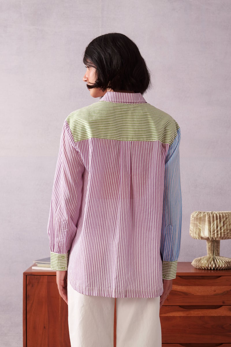 Blue/Pink Striped Panelled Cotton Shirt