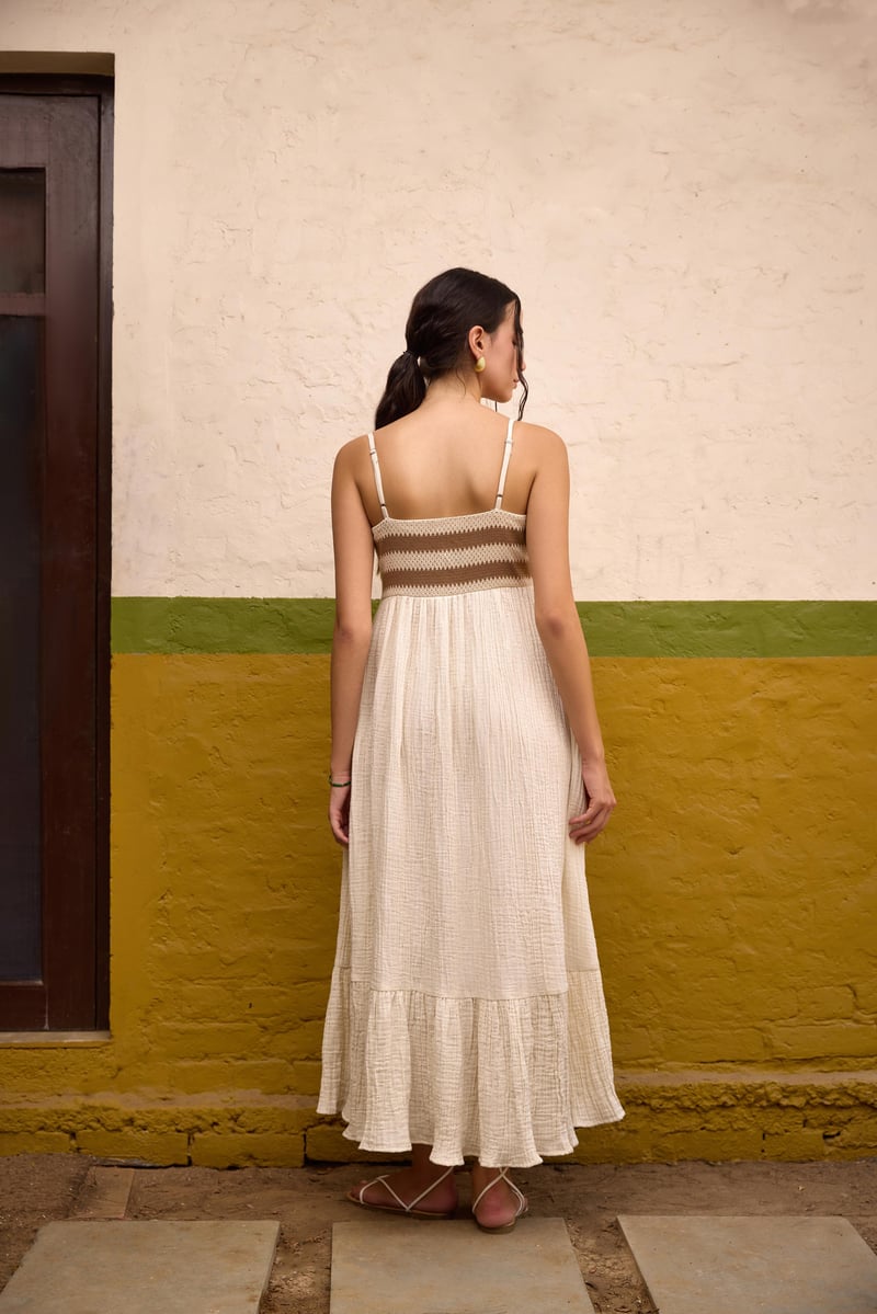 Brown and Ivory Button-Down Maxi Dress with Lace Bodice