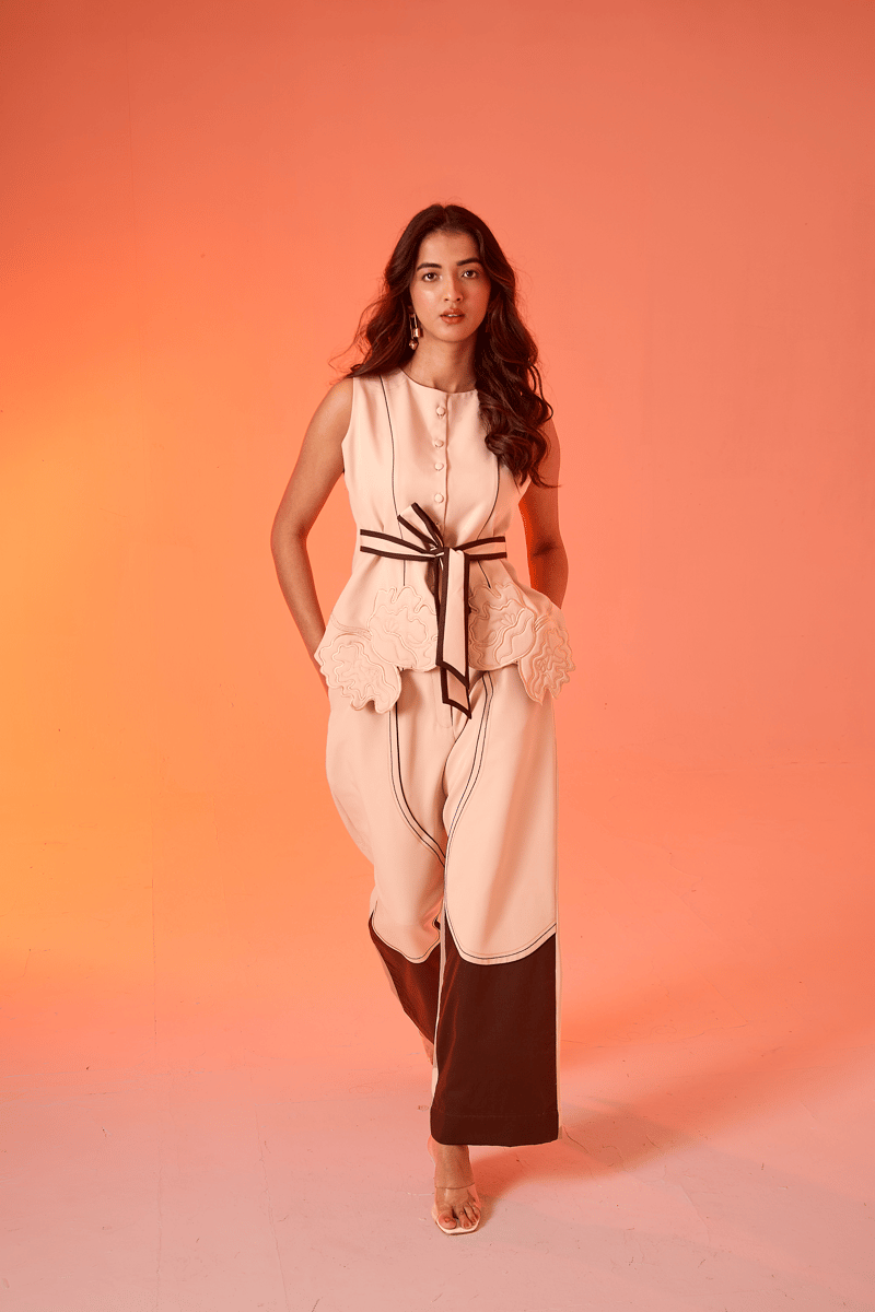 Cream Banana Crepe Co-ord Set with Waist Tie