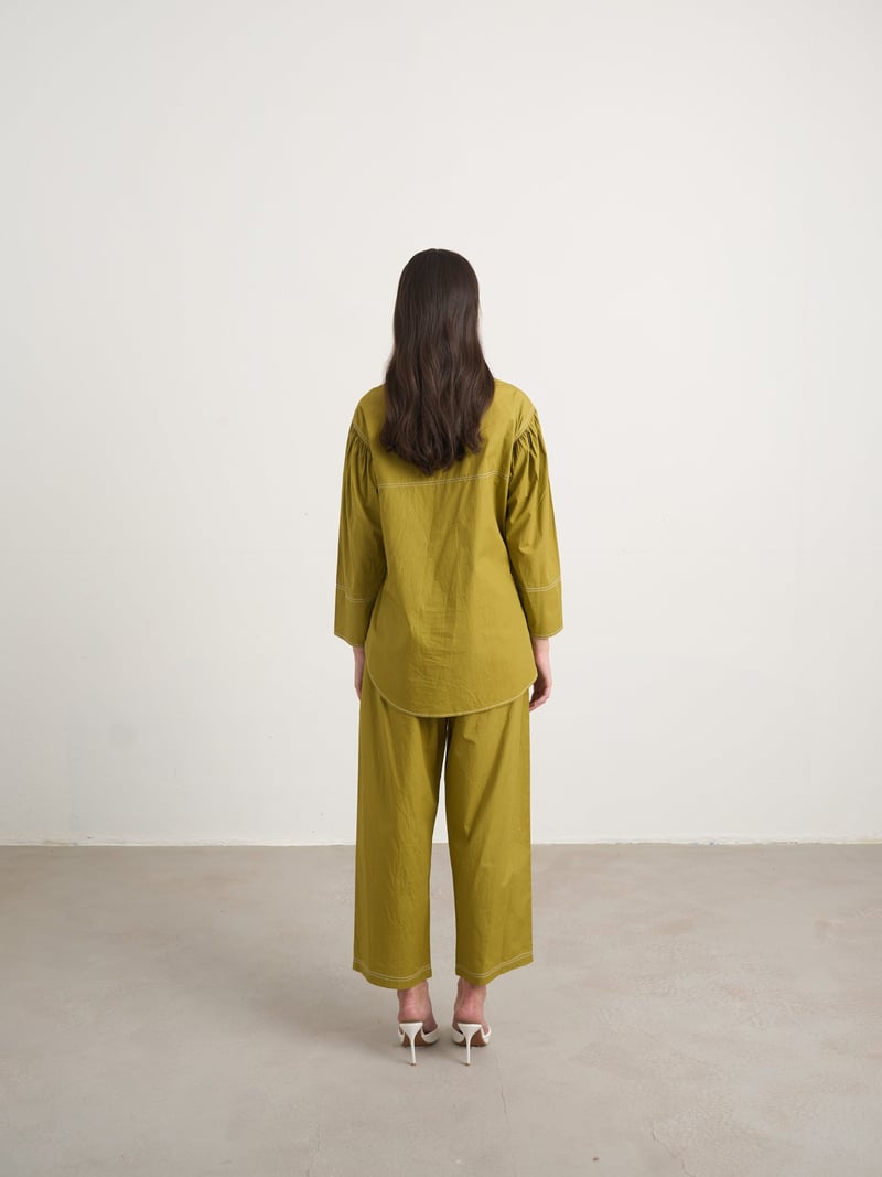 Green Embroidered Cotton Shirt and Pants Co-ord Set