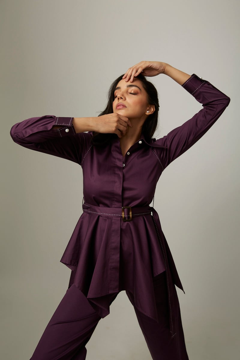 Purple Cotton Satin Shirt and Wide-Leg Pants Co-ord Set