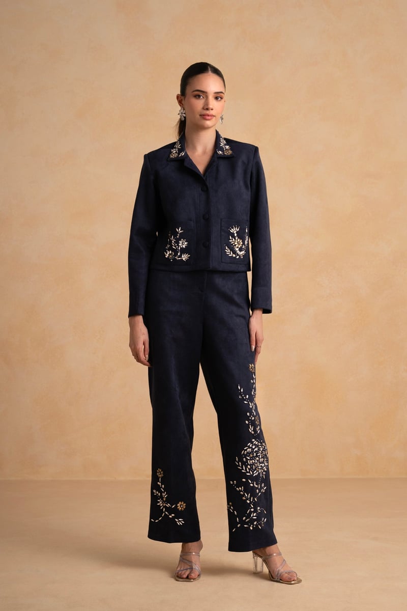 Night Blue Suede Embellished Jacket and Pant Co-ord Set