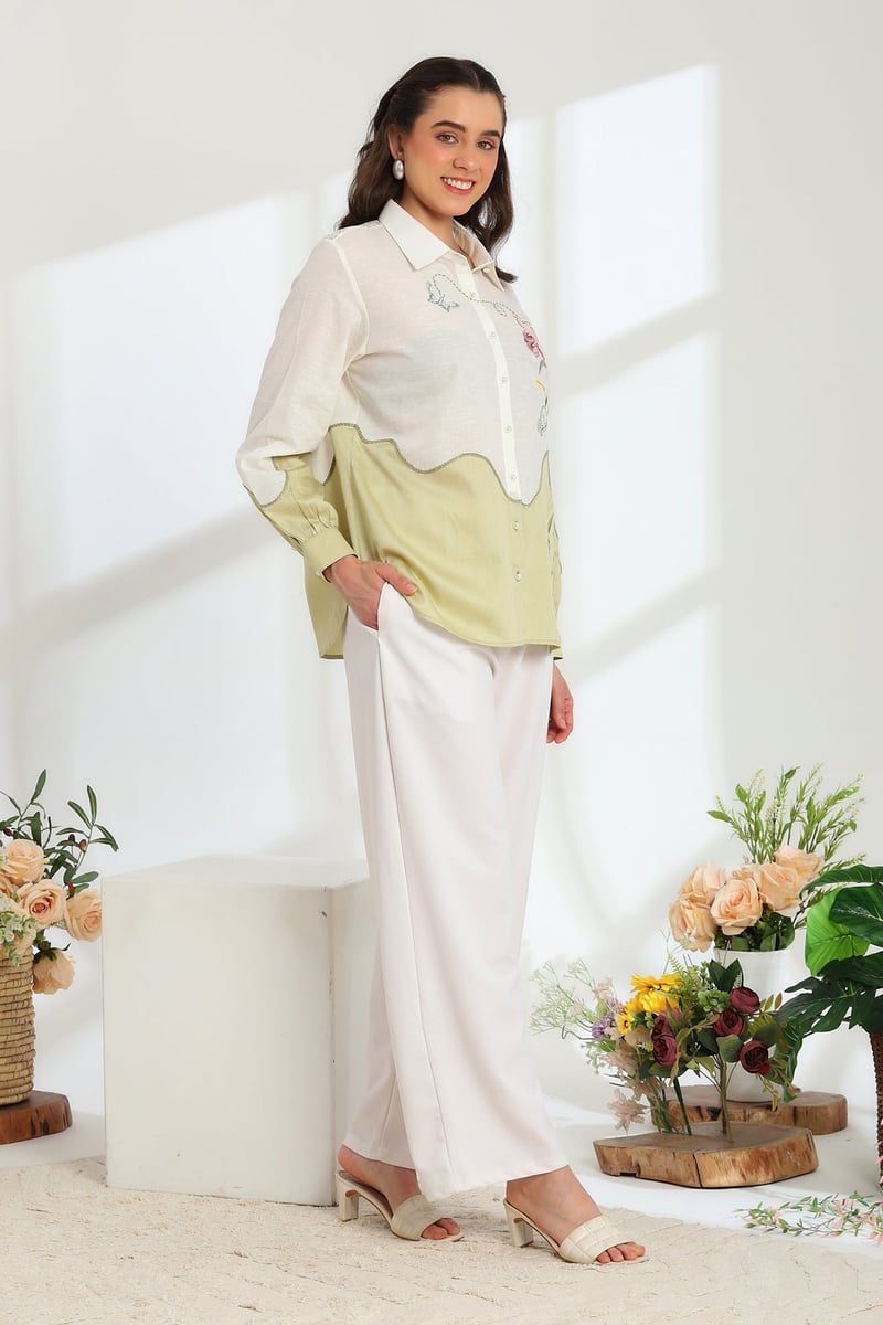 Off White and Sage Colorblocked Embroidered Shirt