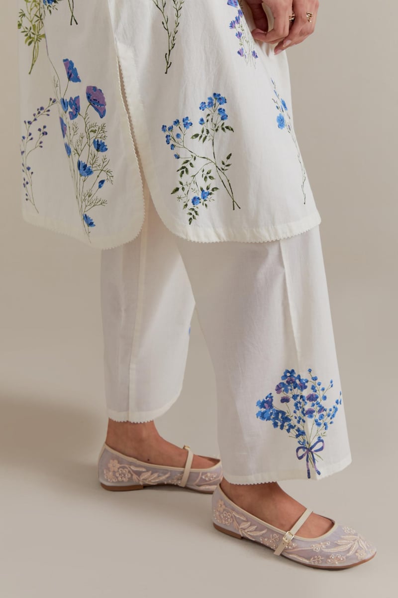 Off-White Floral Block Print Straight Kurta Set