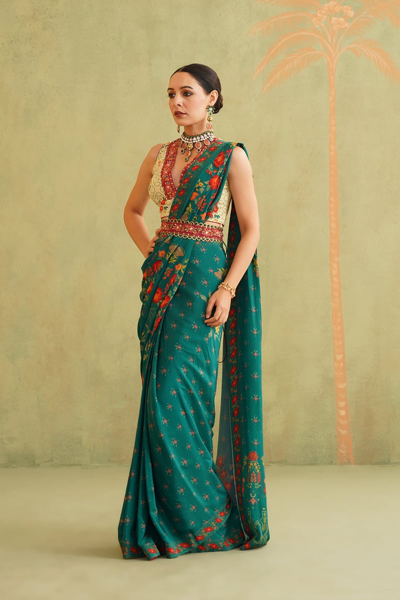Green and Cream Pre-Draped Bemberg Crepe Saree Set