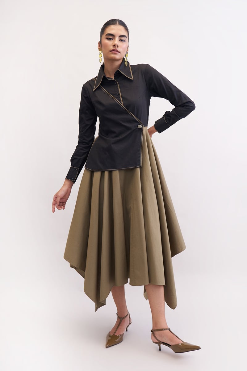 Black and Mushroom Fit and Flare Midi Dress